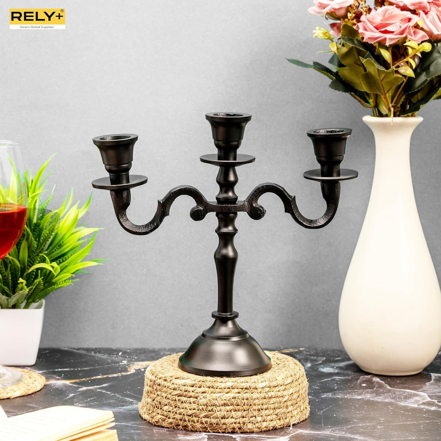 Assembled 8-Inch Black Matte Baby Candelabra by Rely+ - Compact and Elegant