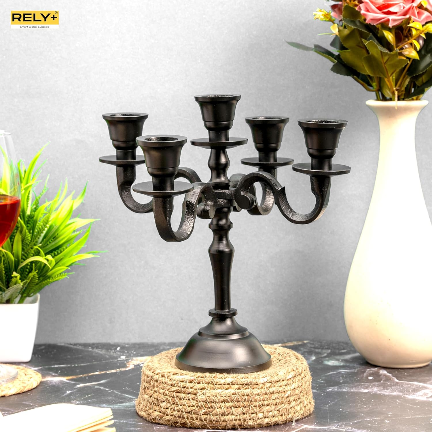 Black Matte 5 Arm Candelabra with Mini Taper Candles – 8" Tall Candle Holder for Celebrations