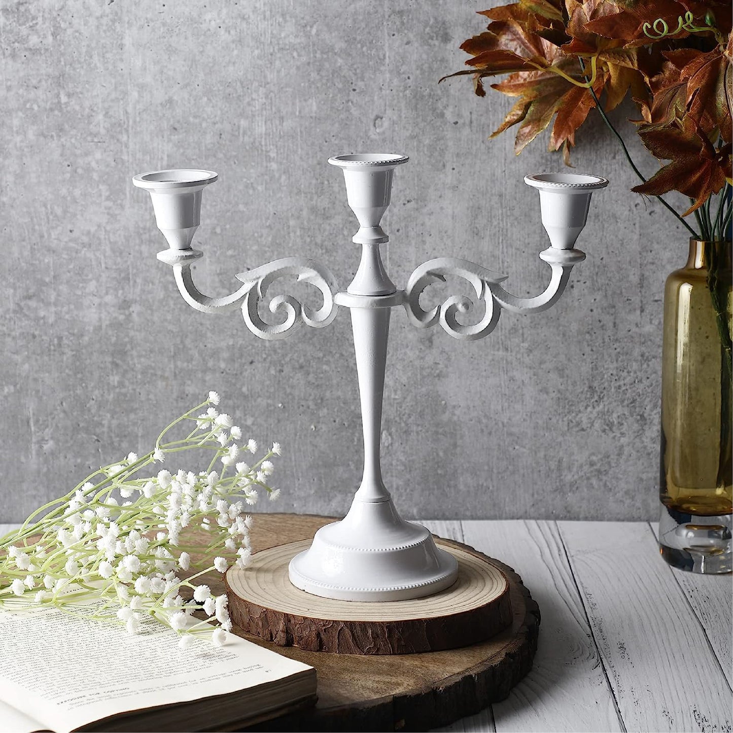 3 Arm Candelabra Candle Holder - White