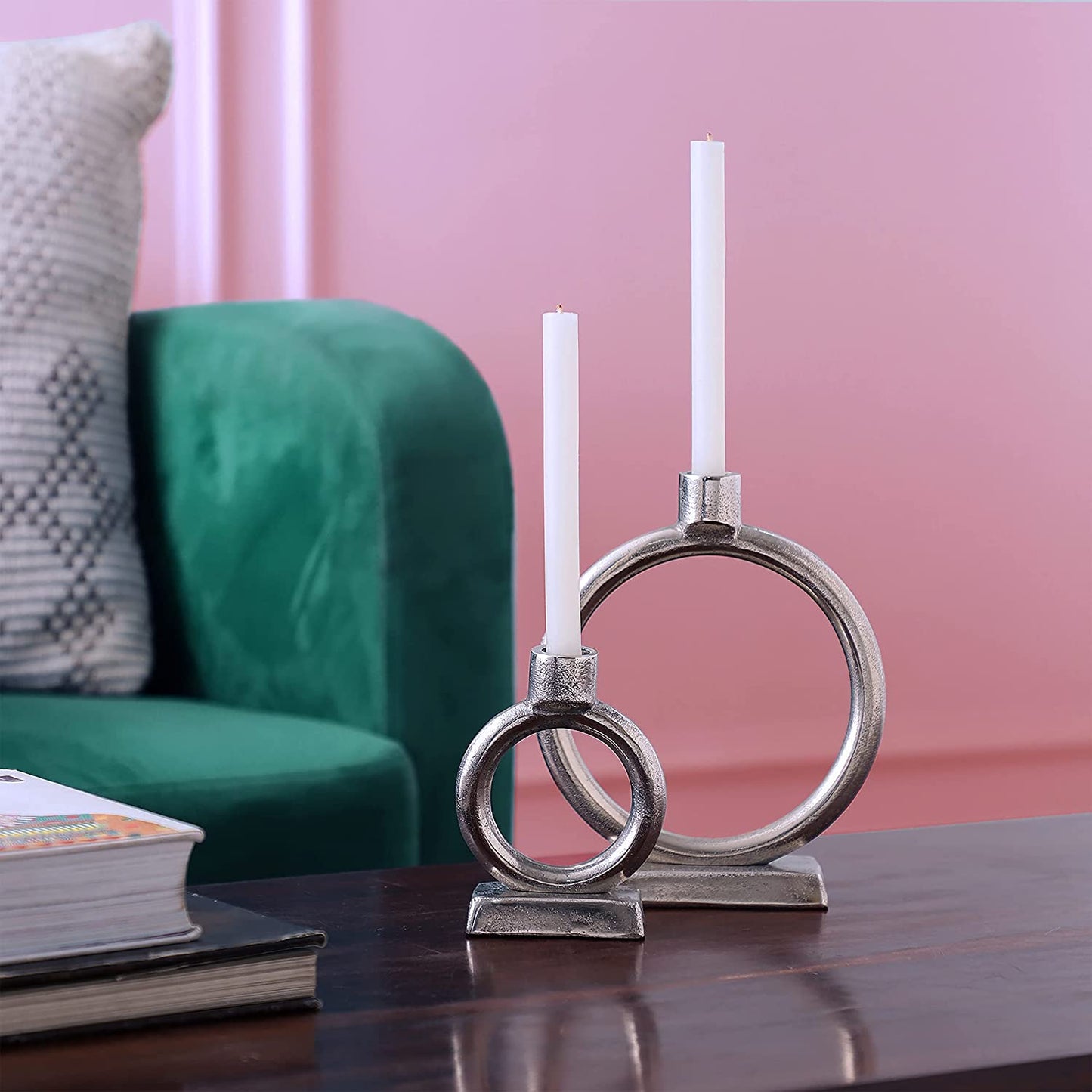 Elegant Round Silver Candle Holders Set 2 by Rely+