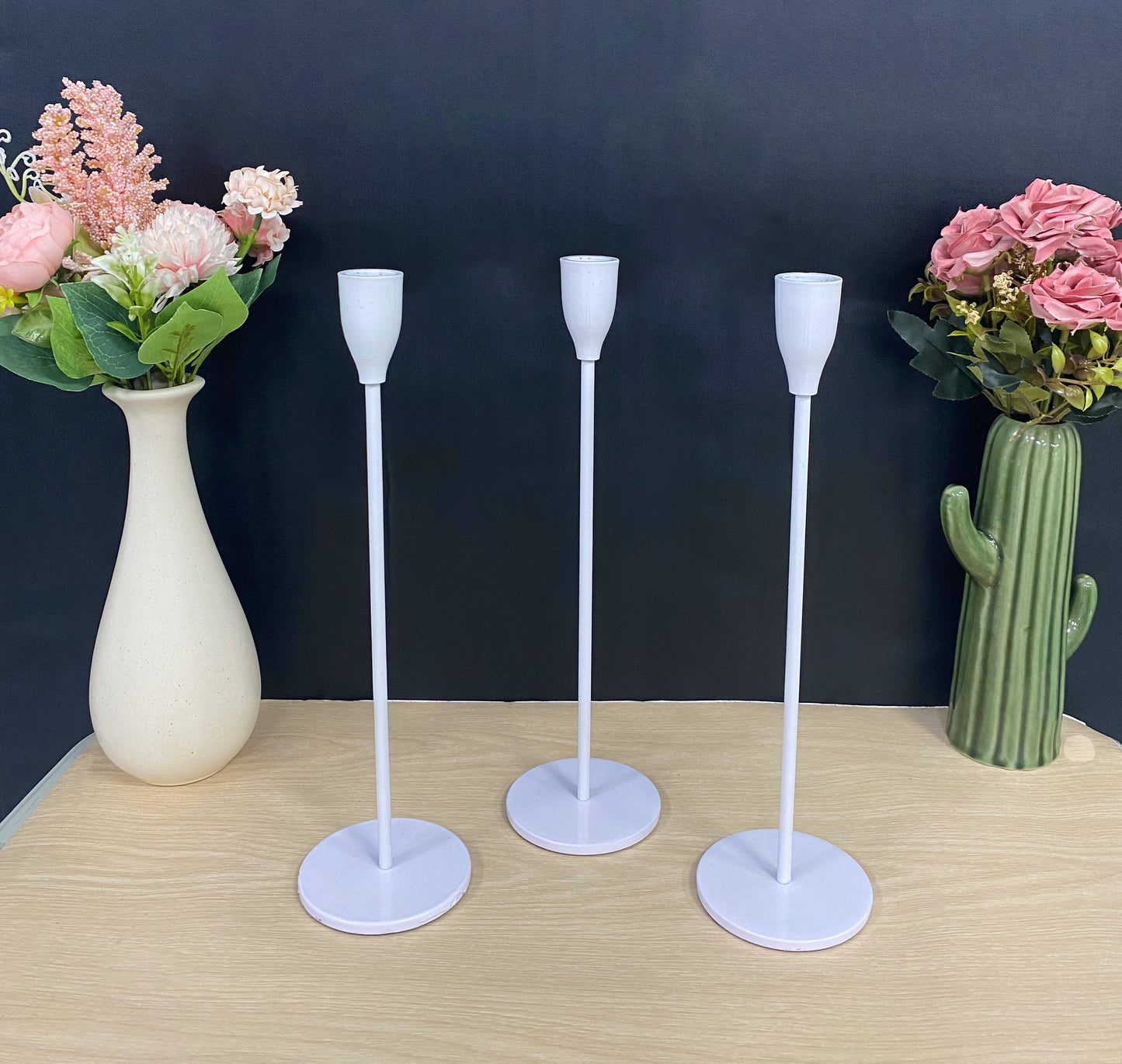 Top Standard White Glossy Tall Set of 3 Candlestick Holders 11.75 Inch