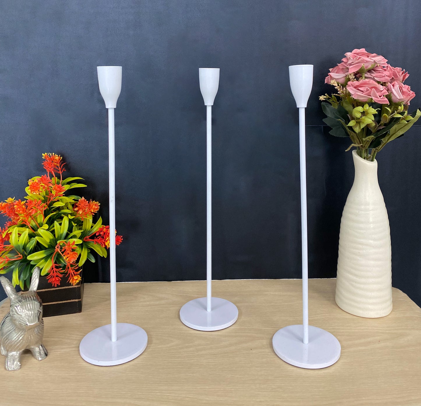 Top Standard White Glossy Extra Tall Set of 3 Candlestick Holders 13.75 Inch